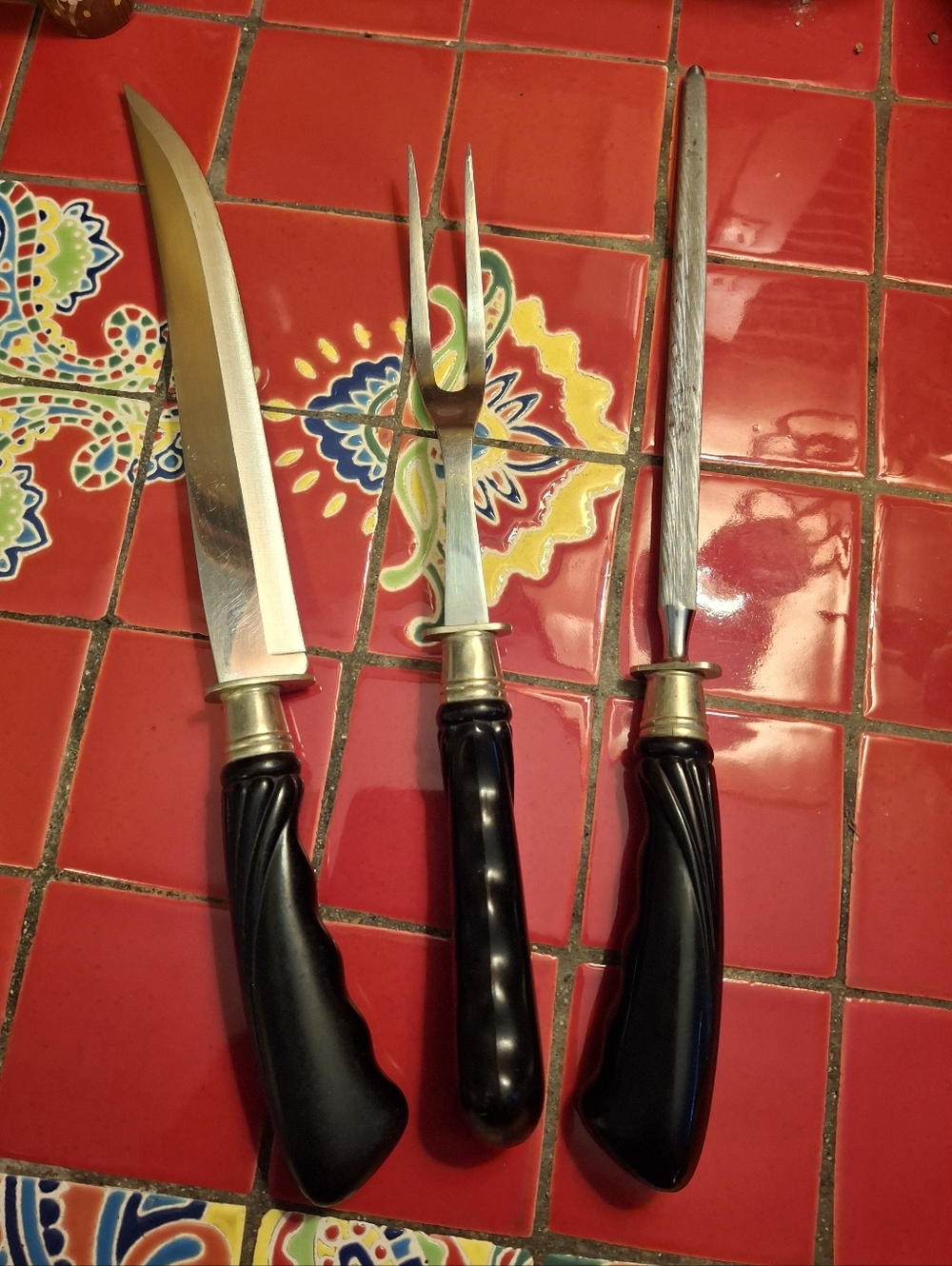 Vntg FLINT Stainless Vanadium USA Carving Set 14" Knife Fork Sharpening Steel - Picture 7 of 7